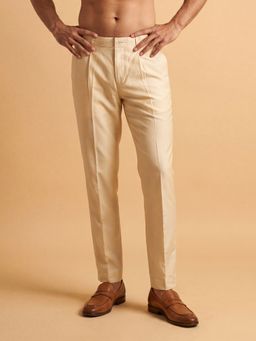 ETHNIC BAY - Men Cream Modal Relaxed Straight Fit Pleated Trousers