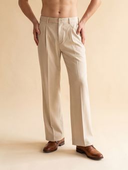 ETHNIC BAY - Men Cream Modal Relaxed Straight Fit Pleated Trousers