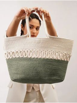 Jalwa By Deepika - Olive Green White Handcrafted Jute Tote Bag