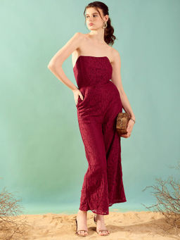 KASSUALLY - Maroon Corset Embroidered Lace Jumpsuit