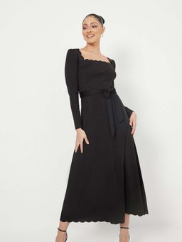 Styli - Black Long Sleeves Scallop Trim A-line Maxi Dress With Tie Belt (Set of 2)