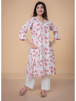 The Indian Ethnic Co. - Smriti White Dabu Slub Cotton Kali Kurta