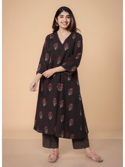 The Indian Ethnic Co. - Shrusti Brown Dabu Slub Cotton A Line Kurta