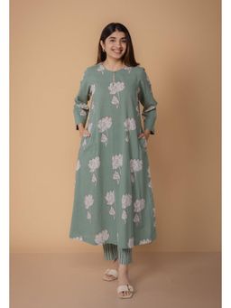The Indian Ethnic Co. - Zoohi Green Dabu Slub Cotton A Line Kurta