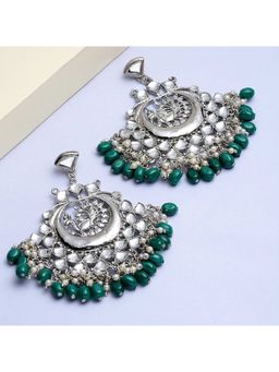 Karatcart - Oxidised Silver Green Tumble Peacock Shaped Kundan Chandbali Earringsfor Women