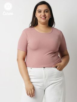 Twenty Dresses by Nykaa Fashion - Curve Pink Solid Round Neck Cropped Basics T Shirt