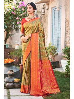 Sangam Prints - Green Silk Woven Zari Work Traditional Tassel Saree with Unstitched Blouse