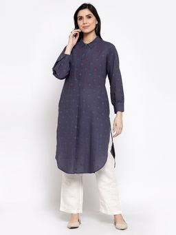 DART STUDIO - Cotton Polka Dot Kurta With Hand Embroidery -Blue