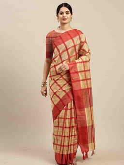 Rajnandini - Womens Beige and Red Cotton Checks Woven Traditional Saree with Unstitched Blouse