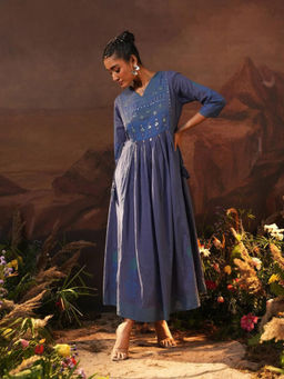 ISHIN - Women Blue Cotton Maxi Dress