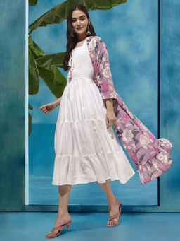 ISHIN - Women White Rayon Maxi Dress with Shrug