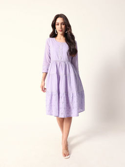 ISHIN - Women Lavender Cotton Knee Length Dress
