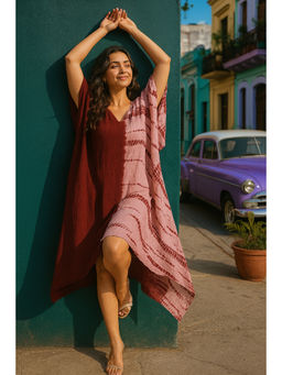 Maaesa - Women Handcrafted Tie-Dye Rayon Loose Fit Kaftan Maroon Dress