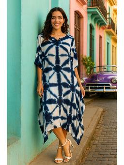 Maaesa - Women Handcrafted Tie-Dye Rayon Loose Fit Kaftan Blue Dress