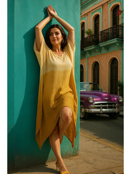 Maaesa - Women Handcrafted Tie-Dye Rayon Loose Fit Kaftan Beige Dress