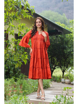 SAVI - Red Cotton Printed Tiered Red Midi Dress