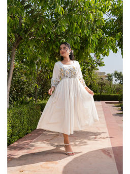 SAVI - White Cotton Embroidered White Flared Midi Dress