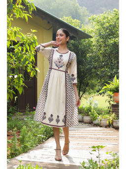 SAVI - White Cotton Printed A-Line White Knee Length Dress