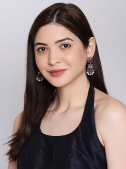 OOMPH - Oxidised German Silver with Maroon Stone & Pearls Peacock Ethnic Drop Earrings