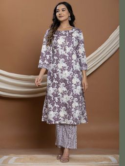 VEDANA - Purple Pure Cotton Printed Straight Kurta with Pant
