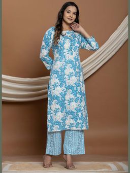 VEDANA - Blue Pure Cotton Printed Straight Kurta with Pant