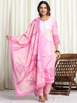 VEDANA - Pink Cotton Digital Print Embroidered Kurta with Pant and Dupatta