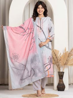 VEDANA - Grey Cotton Digital Print Kurta with Pant and Dupatta