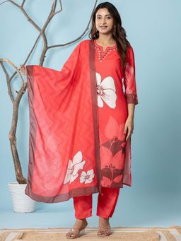 VEDANA - Red Cotton Digital Print Embroidered Kurta with Pant and Dupatta