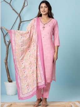 VEDANA - Pink Cotton Digital Print Embroidered Kurta with Pant and Dupatta
