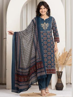 VEDANA - Blue Pure Cotton Printed Kurta with Pant and Dupatta