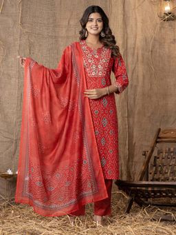 VEDANA - Red Pure Cotton Embroidered Kurta with Pant and Dupatta