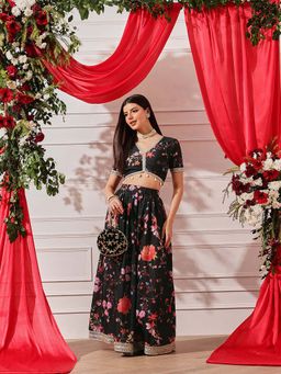 INDO STREET - Black Floral Printed Blouse and Skirt