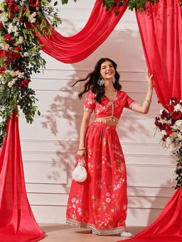 INDO STREET - Red Floral Printed Blouse and Skirt