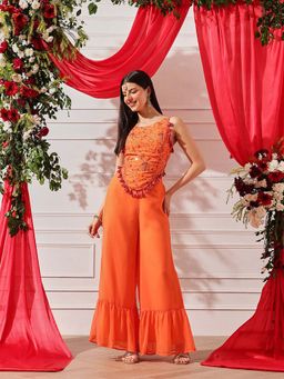 INDO STREET - Orange Floral Embroidered Top and Sharara