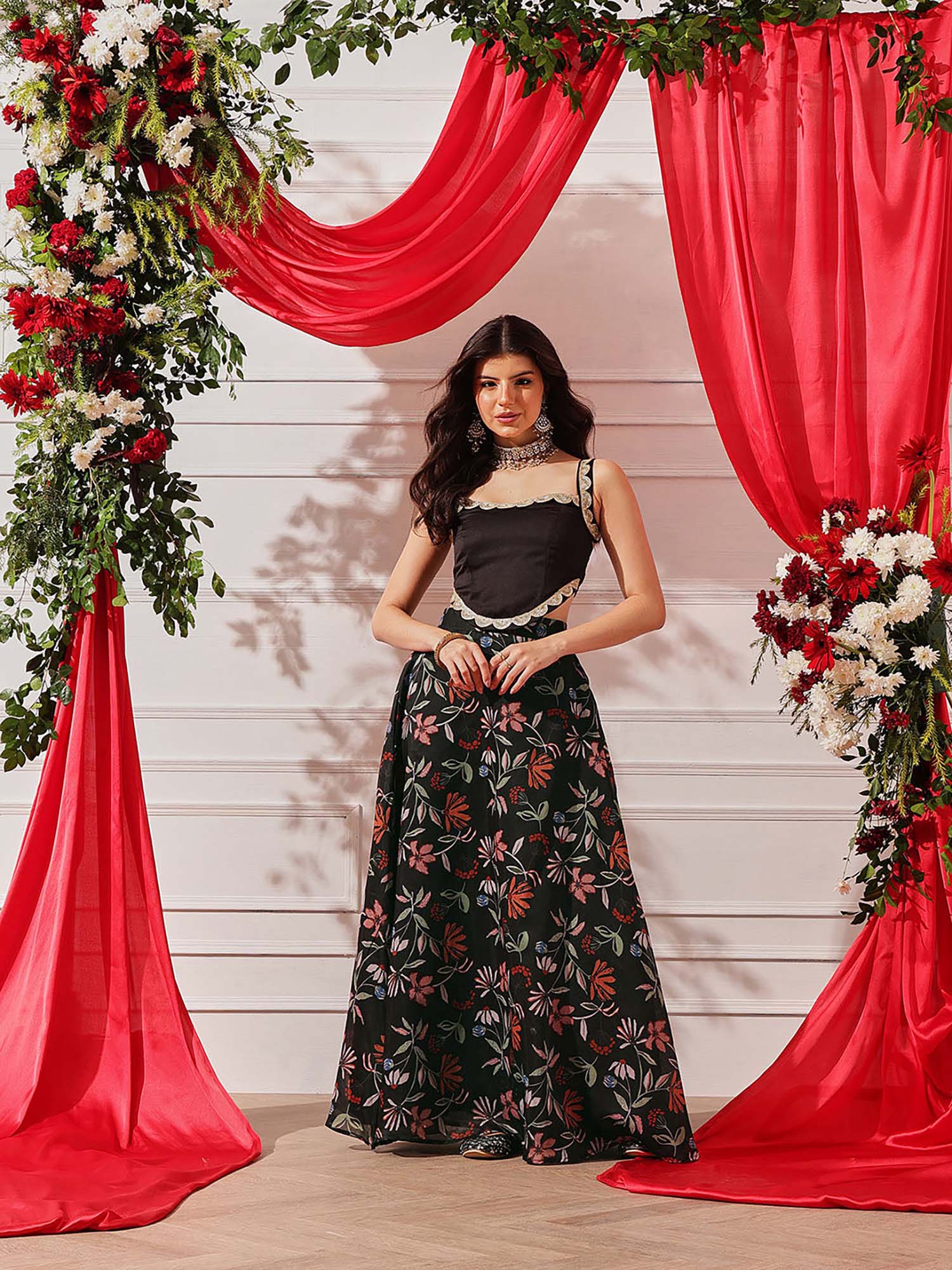 indo street Black Embroidered Top and Skirt-picture-14