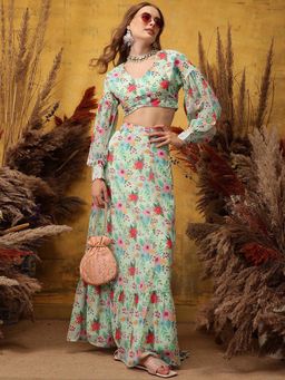 INDO STREET - Green Floral Printed Top and Skirt