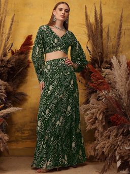 INDO STREET - Green Floral Printed Top and Skirt