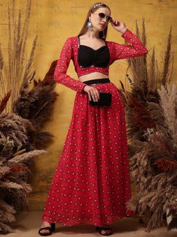 INDO STREET - Pink Printed Lace Work Blouse and Skirt