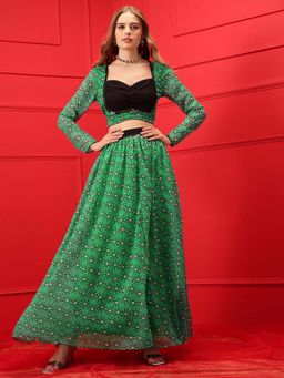 INDO STREET - Green Printed Lace Work Blouse and Skirt