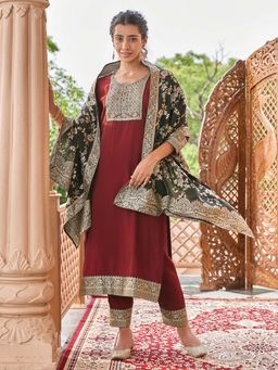 Women Plus - Maroon Embroidered Butter Silk Kurta with Pant & Dupatta