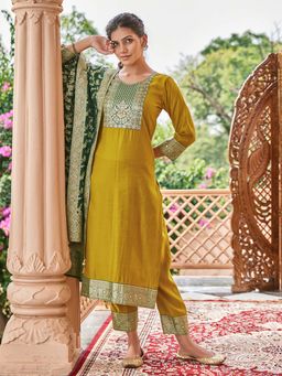 Women Plus - Olive Embroidered Silk Kurta with Pant & Dupatta
