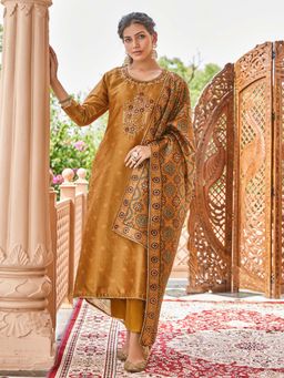Women Plus - Mustard Embroidered Silk Kurta with Pant & Dupatta