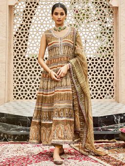 Women Plus - Brown Georgette Digitally Printed Anarkali with Pant & Dupatta
