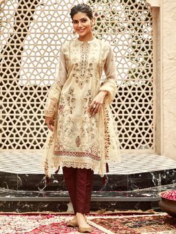 Women Plus - Beige Embroidered Organza Silk Kurta with Pant & Dupatta