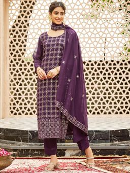 Women Plus - Purple Embroidered Georgette Kurta with Pant & Dupatta