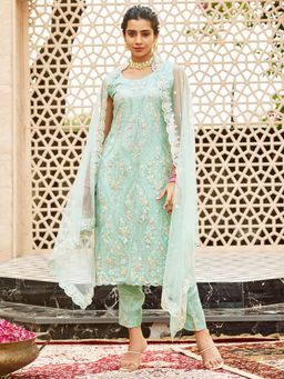 Women Plus - Sea Green Sequence-Embroidered Net Kurta with Pant & Dupatta