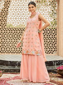 Women Plus - Pink Embroidered Georgette Kurta with Sharara & Dupatta