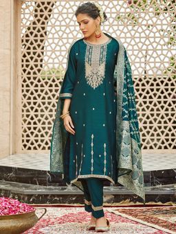 Women Plus - Teal Embroidered Silk Kurta with Pant & Dupatta