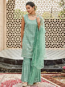 Women Plus - Green Embroidered Georgette Kurta with Sharara & Dupatta