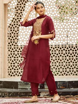 Women Plus - Maroon Embroidered Silk Kurta with Pant & Dupatta